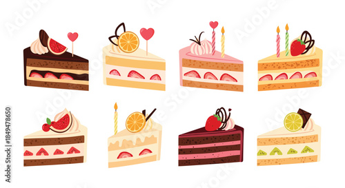 Delicious collection of eight different slices of cake, including chocolate, strawberry, and fruit cakes, for birthday celebrations.