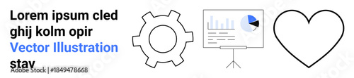 Gear shape, analytics graph on chart board, and heart outline alongside lorem ipsum text. Ideal for technology, business insights, data analysis, love, teamwork, simplicity and a clean landing page