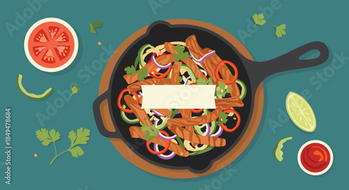 Top-down view of a delicious beef fajita skillet with bell peppers and onions, served with lime, cilantro, and tomato.