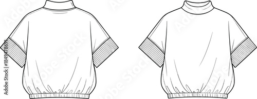 Mock neck short sleeve top technical flat sketch, front and back view, ribbed cuff detail, elastic hem, fashion CAD vector illustration