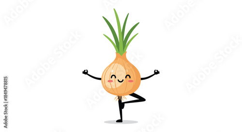 Cute and funny cartoon onion character with a smiling face, balancing and meditating in a yoga tree pose for wellness.