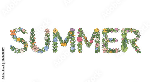Beautiful decorative word 'SUMMER' created from a vibrant arrangement of colorful wildflowers, blossoms, and green leaves.