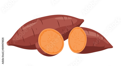 Illustration of whole and sliced sweet potatoes, showcasing the vibrant orange flesh and reddish-brown skin of the root vegetable.