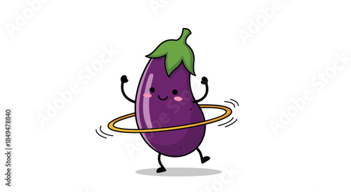Cheerful and active cartoon eggplant character with a happy face, exercising and having fun playing with a hula hoop.