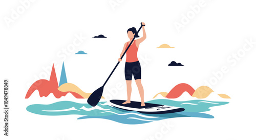 Active woman enjoying a summer water sport, confidently paddling on a stand-up paddleboard on a calm blue sea.