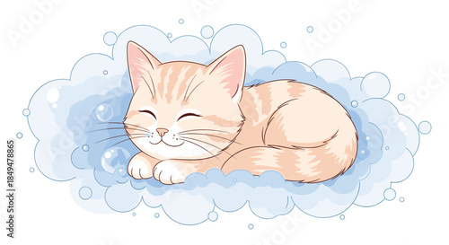 Sweet and adorable ginger kitten sleeping peacefully and dreaming on a fluffy blue cloud surrounded by soft soap bubbles.