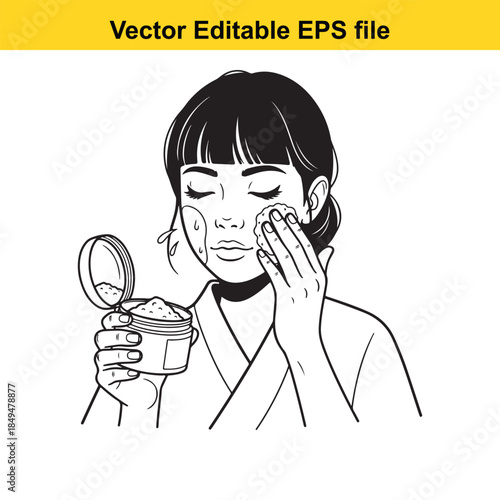  woman applying cream to her face with a small jar in her hand isolated on white background