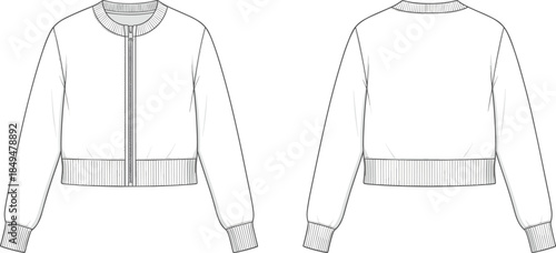 Bomber jacket technical flat sketch, front and back view, ribbed collar cuffs hem, zipper closure, apparel CAD drawing vector illustration