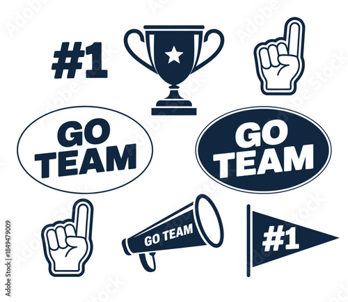 Set of Sports Fan Icons in Blue on White Background, Vector Signs and Symbols, Featuring Go Team Logo Text for Athletic and Fan Designs.