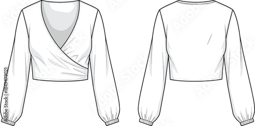 Wrap crop top technical flat sketch, front and back view, long sleeve blouse, elastic cuff detail, fashion CAD vector illustration