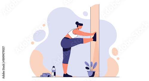 Woman Stretching Leg Against Wall Exercise.