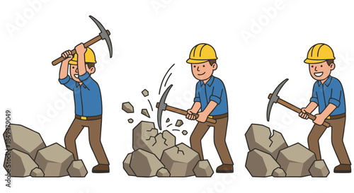 Construction Worker Character Breaking Stones with Pickaxe Vector Illustration Set