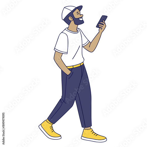 Young man walking while using smartphone casual outfit with sneakers and cap isolated on transparent background