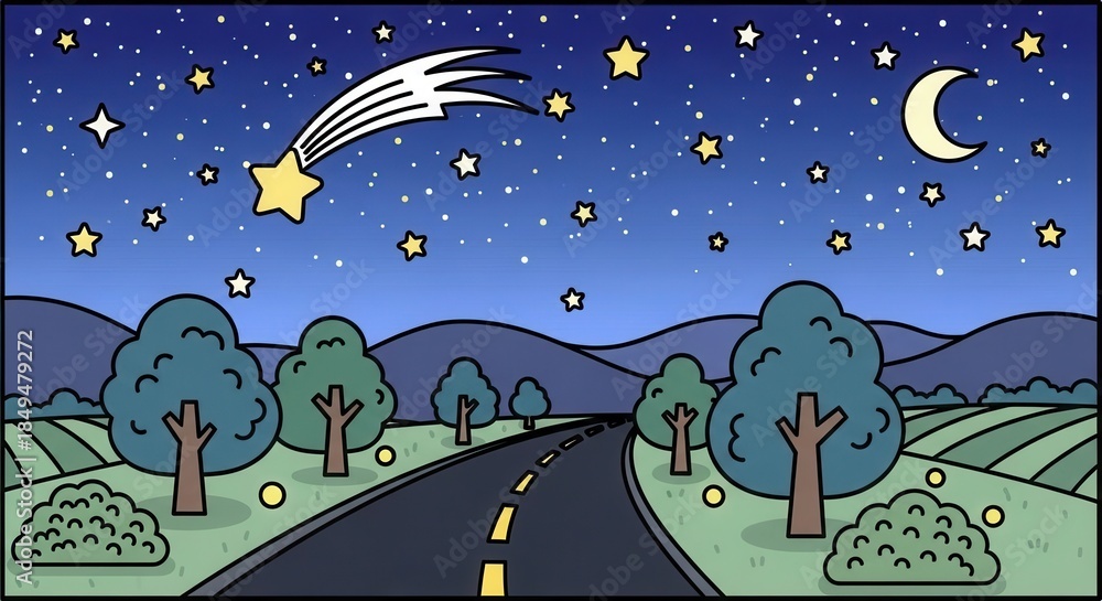 Naklejka premium Cartoon landscape features a dark road winding through rolling hills under a starlit night sky with a crescent moon and a bright shooting star.
