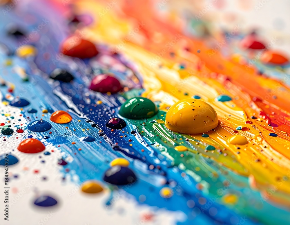 Fototapeta premium Colorful, close-up view of vibrant paint blobs and strokes