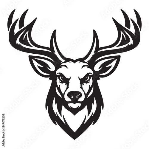White-tailed Deer Buck Head Mascot Emblem – Black and White Vector Antler Illustration