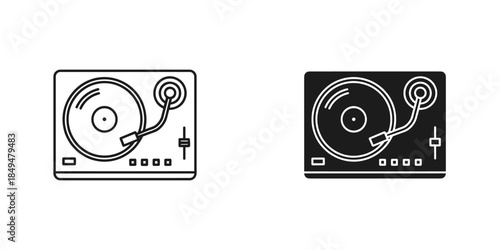 Black and white turntable record player with vinyl record and tone arm.