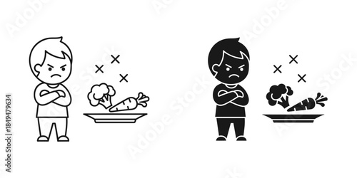 Two Boys Disliking Broccoli And Carrots Line And Silhouette