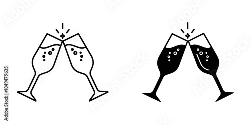 Two Clinking Champagne Glasses Set in Black and White