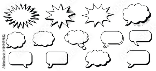 Comic bubbles and thought speech balloons set, in retro style illustration, featuring dialogue clouds, expressive conversation elements,