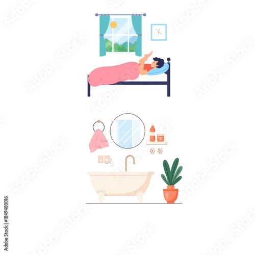 Daybreak Routine: A person stretching awake, transitioning from dreams into a fresh morning. A serene start to the day.