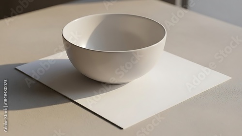 Minimalist still life featuring a ceramic bowl and square paper sheet