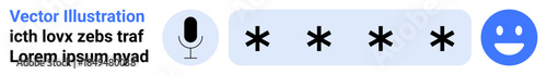 Cybersecurity, voice recognition, password security, online communication, user experience, identity verification. Microphone icon, password field and user rating emotion. Cybersecurity and voice