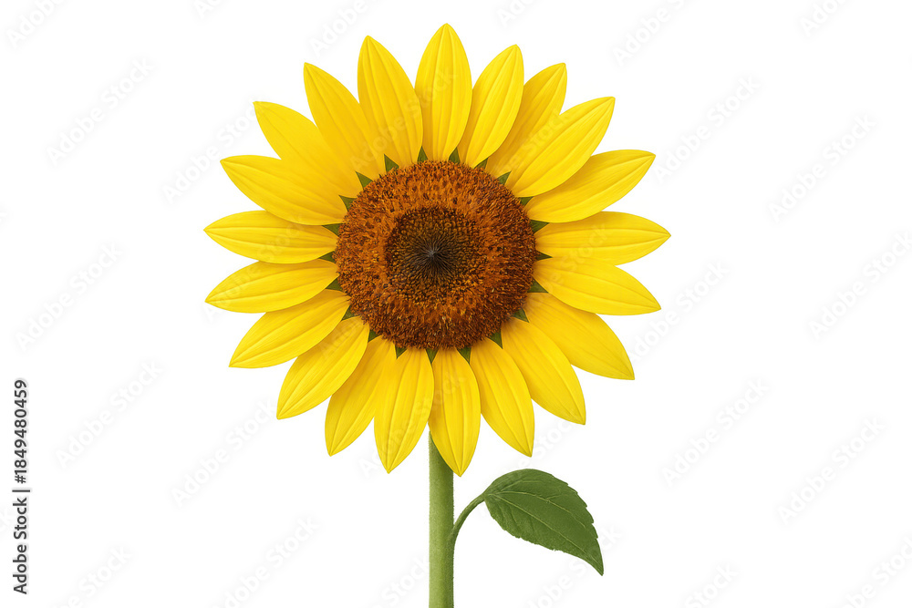 Fototapeta premium Sunflower bloom featuring bright yellow petals, a brown disc floret center, and green stem with a leaf. Transparent background