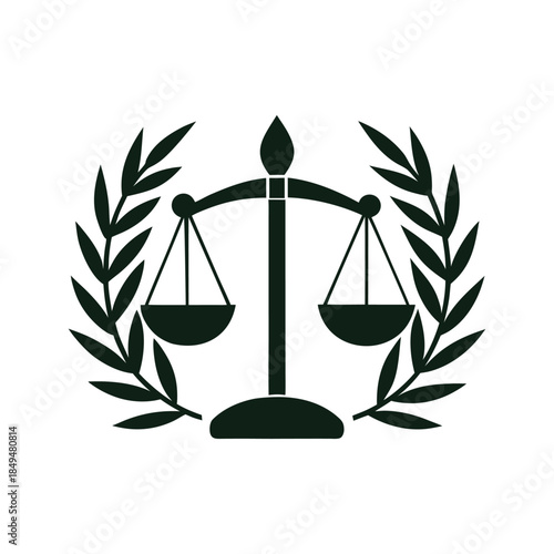 Scales of Justice Icon with Laurel Wreath, Legal Emblem and Heraldic Symbol for Law and Judiciary