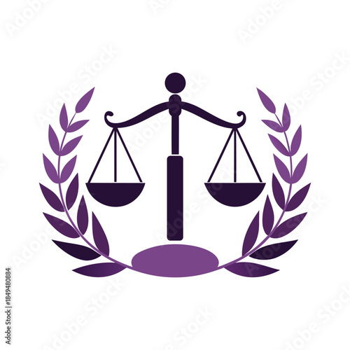 Scales of Justice Icon with Laurel Wreath, Legal Emblem and Heraldic Symbol for Law and Judiciary
