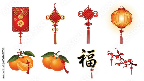 Chinese new year decorations and symbols including red envelopes, lanterns, tassels, oranges, and plum blossoms on white background