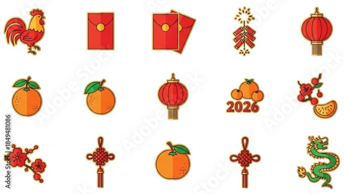 Chinese new year 2026 icons set with rooster, lanterns, oranges, dragon, and red envelopes on white background