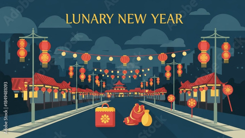 A vibrant chinese new year celebration scene with red lanterns, gifts, and oranges on a dark blue street at night