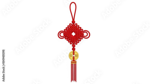 Red chinese knot ornament with gold coin and tassel hanging on a white background for decoration or gift giving