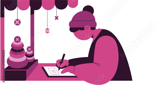 Woman Writing at Desk with Cakes.