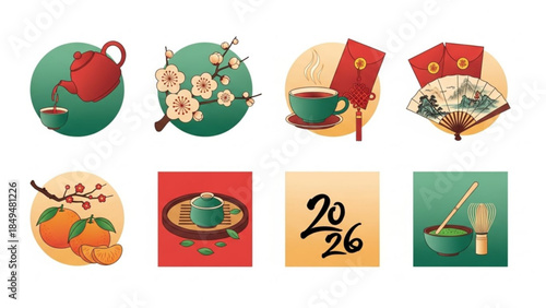 Chinese new year themed icons featuring tea, blossoms, oranges, and 2026, including teapot, cup, fan, and envelopes