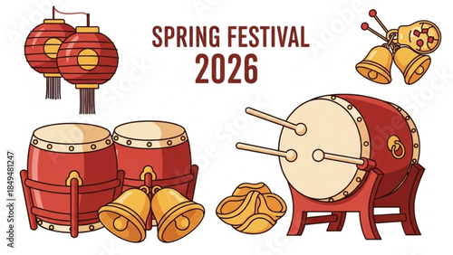 Vibrant spring festival 2026 celebration graphic with drums, lanterns, and traditional decorations