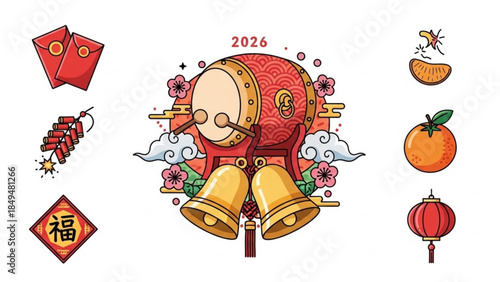 Chinese new year 2026 decorations with red drums, golden bells, lanterns, firecrackers, and oranges on white background
