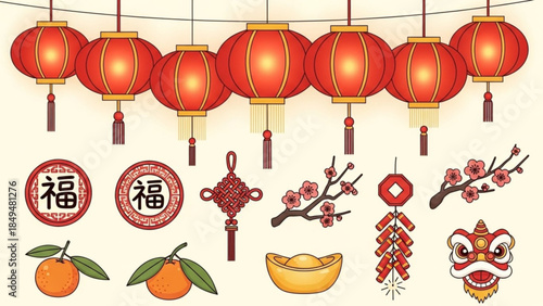 Chinese new year decorations and symbols including red lanterns, oranges, cherry blossoms, and lion dance elements on cream background