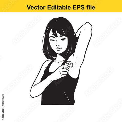  vector illustration of a woman applying deodorant or antiperspirant in black and white