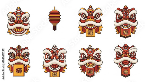 Vibrant chinese lion dance heads and lantern on white background for cultural festival decorations