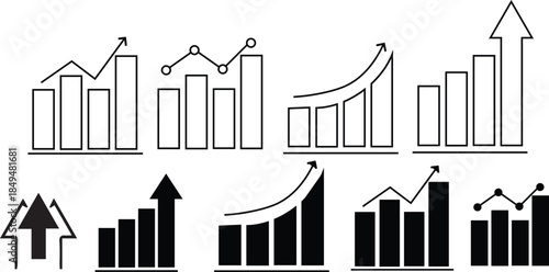 business growth analytics dashboard with upward trending bar charts and arrow indicators showing financial performance metrics isolated on white background.