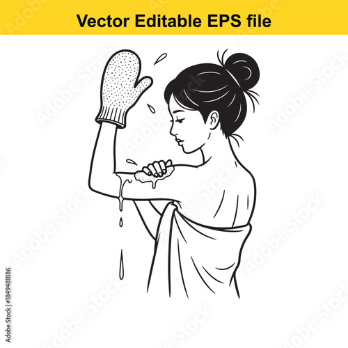  vector illustration of a woman exfoliating her arm with a mitt on white background
