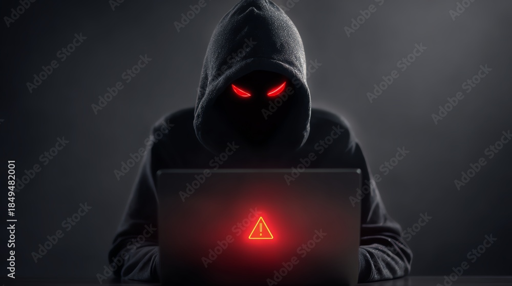 © ittipol - A mysterious figure in a dark hoodie sits before a laptop, its screen glowing ominously with a warning symbol, symbolizing cyber threats and digital security issues. © ittipol - A mysterious figure in a dark hoodie sits before a laptop, its screen glowing ominously with a warning symbol, symbolizing cyber threats and digital security issues.