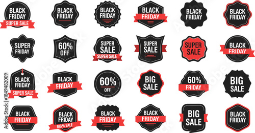 Black Friday promotional badge set, sale labels, discount tags, super deal graphics, retail marketing, shopping, flat vector illustration