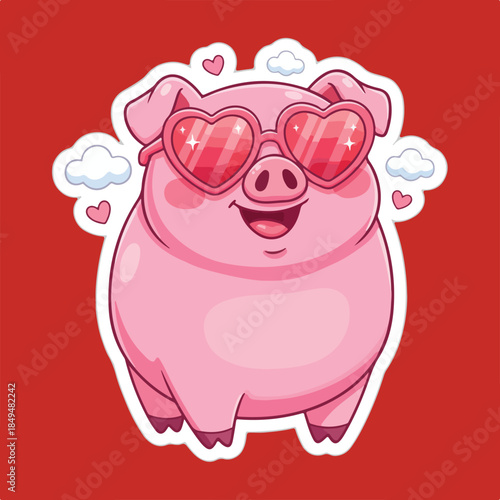 Cheerful Pink Pig with Heart Sunglasses Whimsical Sticker on red background.eps