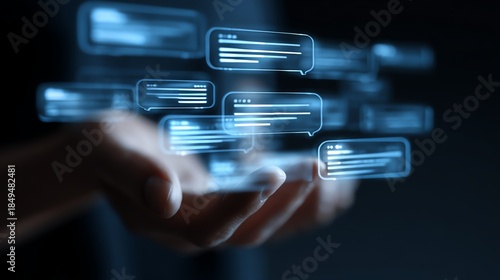 A close-up image of a person holding holographic chat bubbles, representing modern communication and digital interaction in a tech-savvy world.