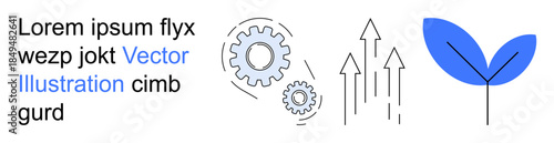 Growth, innovation, teamwork, sustainable development, strategy, eco-friendly design. Gears, upward arrows and a leaf illustration. Growth and innovation concept