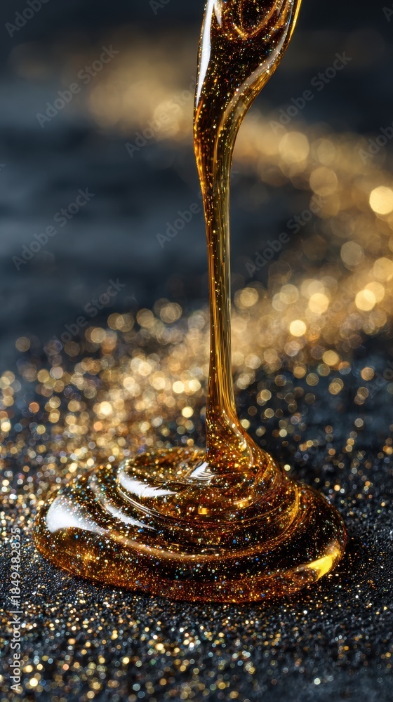 Fototapeta premium Vibrant photo of Golden viscous liquid pouring onto gold glitter surface with bokeh effect