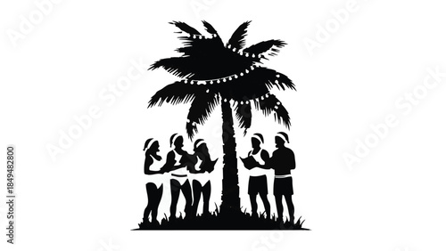 Friends celebrating holidays under a festive palm tree